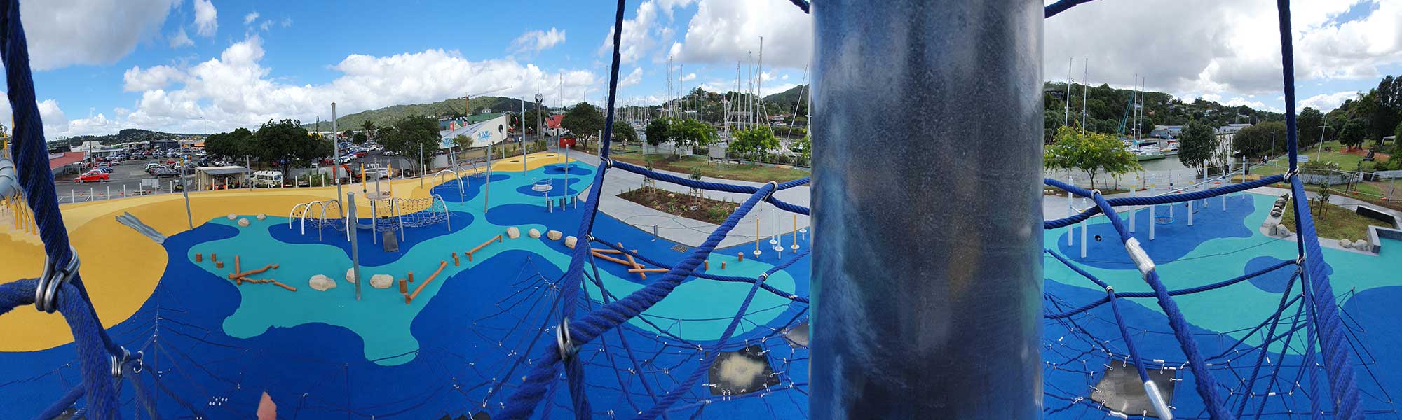 The view from the top of the spiderweb at the Town Basin playground