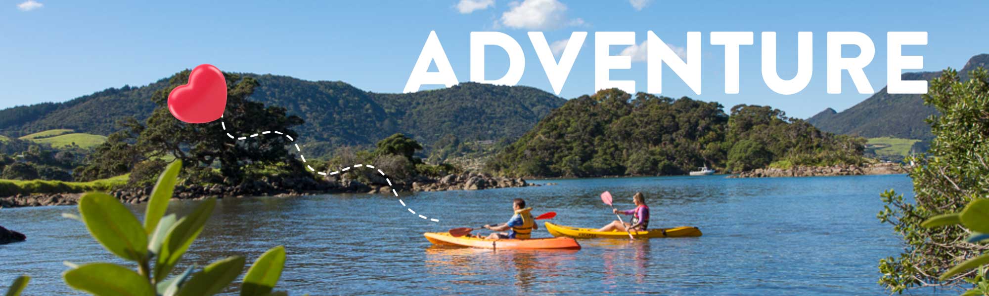 Two people kayaking in the Whangarei Harbour with the word ADVENTURE